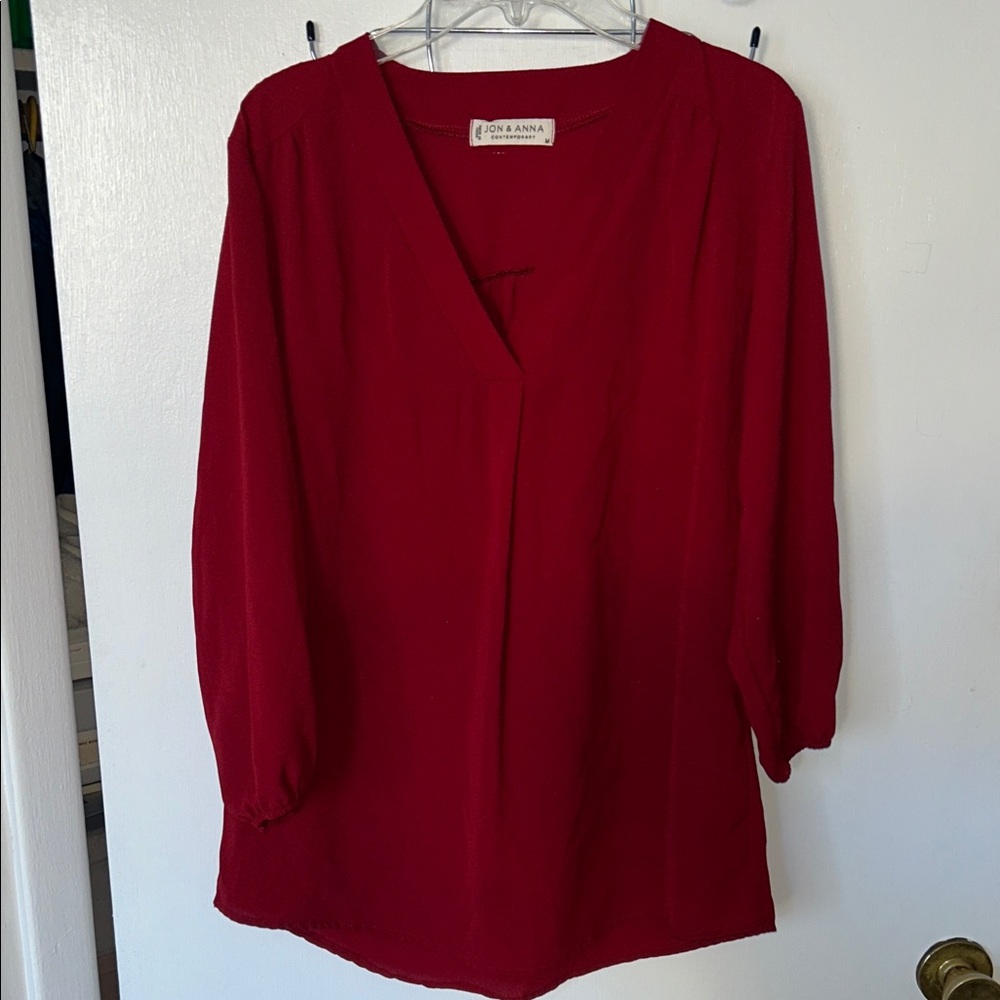 Jon & Anna Deep Red V-Neck Blouse Medium NWOT